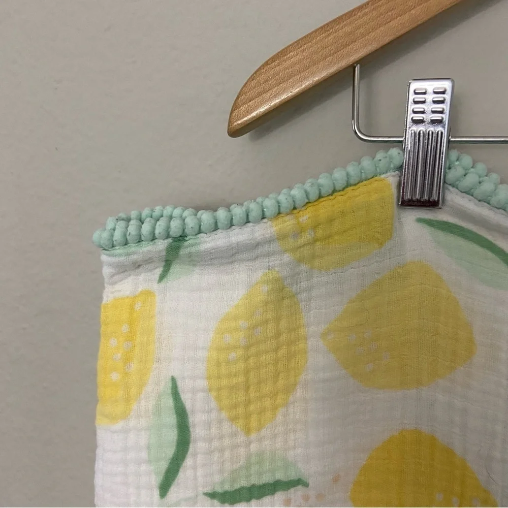 Cloud Island 100% Cotton Muslin Swaddle Baby Blanket Lemon Pom Pom Trim Set of 2